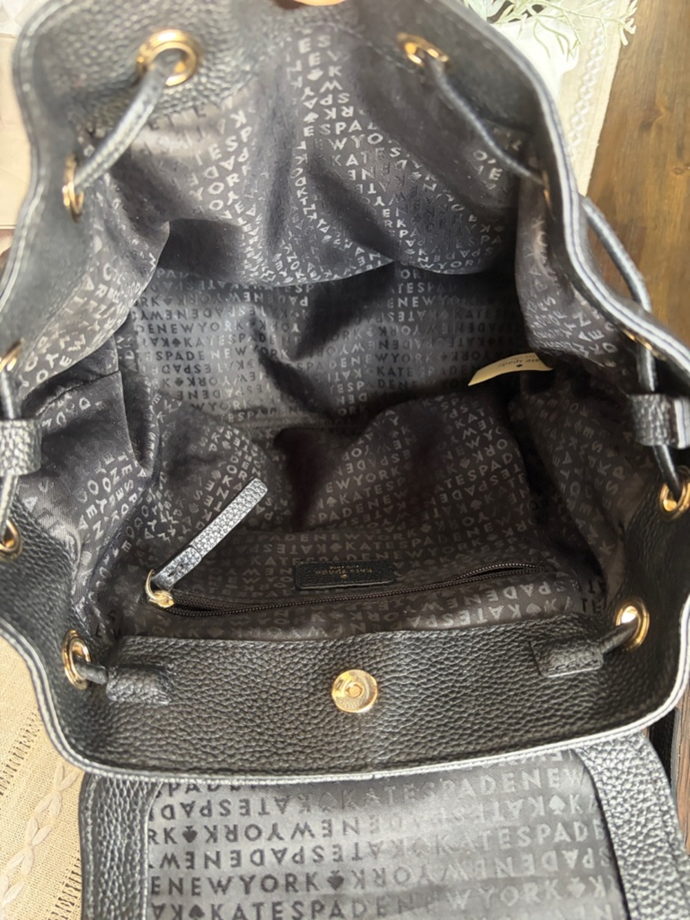 kate spade Black Pebbled Leather Drawstring Flap Backpack - Picture 3 of 11